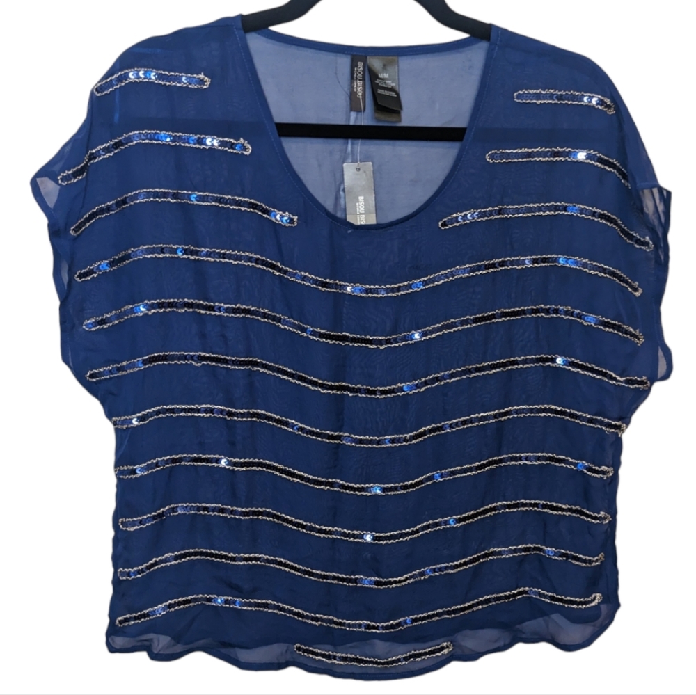 NWT Bisou Bisou Blue Depth Sheer Sequin Top Size M